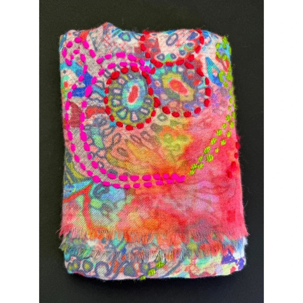 Dolma Wool Silk Scarf Shawl Wrap Lightweight Embroidery Eyelash Fringe 27x70